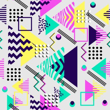geometrik soyut renkli desen. Sorunsuz memphis 60s, 80, 90'lı yılların renkli üçgen vektör çizim tarzı. Arka plan duvar kağıdı ve moda tekstil baskı için hazır için iyi.