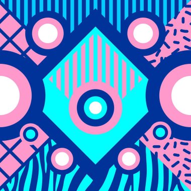 Vintage retro geometrik desen arka plan ile 90'lı yılların memphis abstract tema. Pembe mavi renkli renkli benzersiz şekiller illüstrasyon vektör