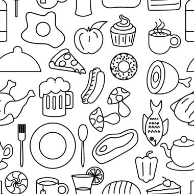 Gıda doodle Dikişsiz desen vektör çizim çizgi sanat stili. Siyah ve beyaz renklerde çizim anahat.