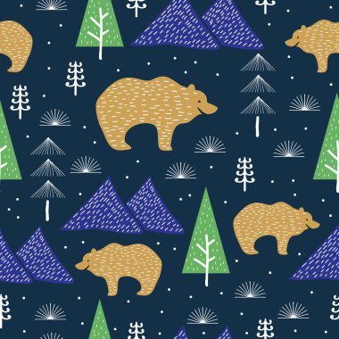 İskandinav kutup ayısı ve orman kış teması ile trendy Noel seamless modeli. Hayvansal ve bitkisel arka plan duvar kağıdı iyi moda tekstil çocukça çizim vektör çizim ile yazdırma için.