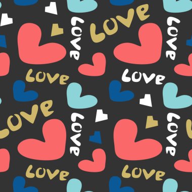 Kalp desenli siyah arka plan vektör illüstrasyon izole aşk Tema vintage renkli seamless modeli