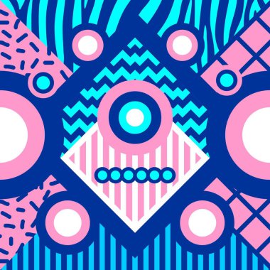 Vintage retro geometrik desen arka plan ile 90'lı yılların memphis abstract tema. Pembe mavi renkli renkli benzersiz şekiller illüstrasyon vektör