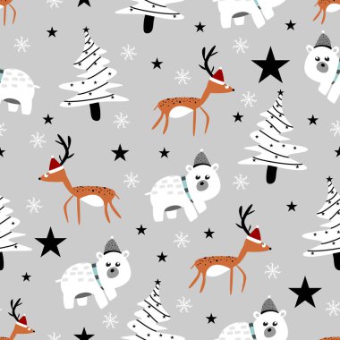 Sevimli geyik Noel desen. Sorunsuz komik tatil çizim kış sezon vektör çizim için renkli.