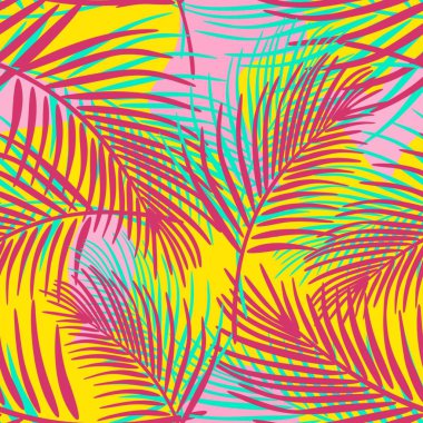 Hindistan cevizi yaprakları Dikişsiz desen arka plan punchy pastel renkler renkli vektör çizim için egzotik doğa moda tekstil baskı ve kaydırma