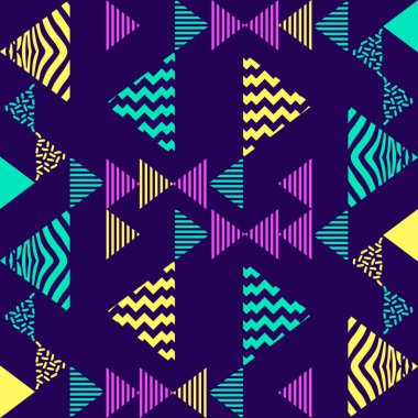 Dikişsiz desen üçgen geometrik trendy renkli mavi sarı ve pembe vintage memphis soyut 90s stil vektör çizim