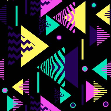 geometrik soyut renkli desen. Sorunsuz memphis 60s, 80, 90'lı yılların renkli üçgen vektör çizim tarzı. Arka plan duvar kağıdı ve moda tekstil baskı için hazır için iyi.