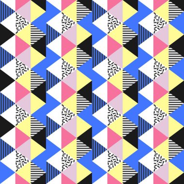 Soyut memphis geometrik üçgen seamless modeli yumuşak ile arka plan renkleri. Vektör çizim pastel renk 90'lı yılların tarzı moda tekstil baskı için hazır.