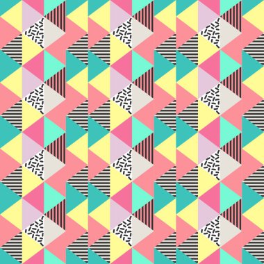 Soyut memphis geometrik üçgen seamless modeli yumuşak ile arka plan renkleri. Vektör çizim pastel renk 90'lı yılların tarzı moda tekstil baskı için hazır.