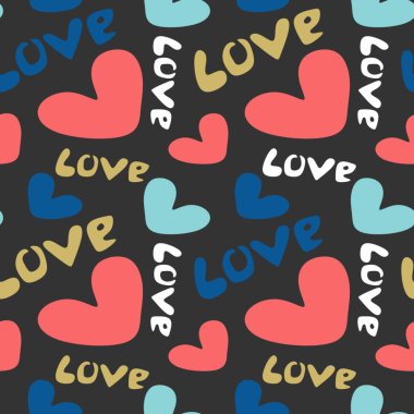 Kalp desenli siyah arka plan vektör illüstrasyon izole aşk Tema vintage renkli seamless modeli