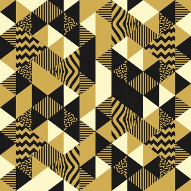 Altın sarı kesintisiz geometrik üçgen desen renkli arka plan vintage memphis 90s stil vektör çizim trendy soyut.