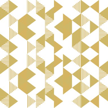 Altın renkli geometrik üçgen Dikişsiz desen vektör. Sarı altın lüks memphis 90'lı yılların arka plan vektör çizim.