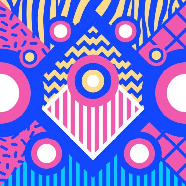 Vintage retro geometrik desen arka plan ile 90'lı yılların memphis abstract tema. Pembe mavi renkli renkli benzersiz şekiller illüstrasyon vektör