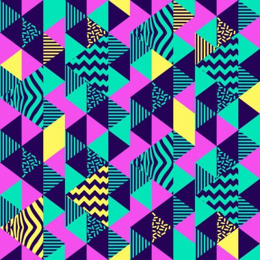 Trendy renkli üçgen geometrik memphis çok renkli Dikişsiz desen vektör çizim 90'lı yılların tarzı arka plan moda tekstil baskı ve sarma için.