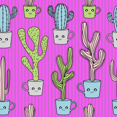 Moda tekstil baskı için renkli arka plan ile kaktüs el çekilmiş Dikişsiz desen vektör