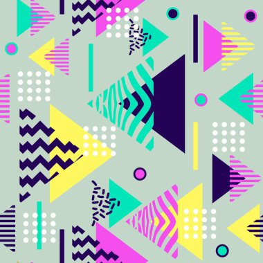 geometrik soyut renkli desen. Sorunsuz memphis 60s, 80, 90'lı yılların renkli üçgen vektör çizim tarzı. Arka plan duvar kağıdı ve moda tekstil baskı için hazır için iyi.