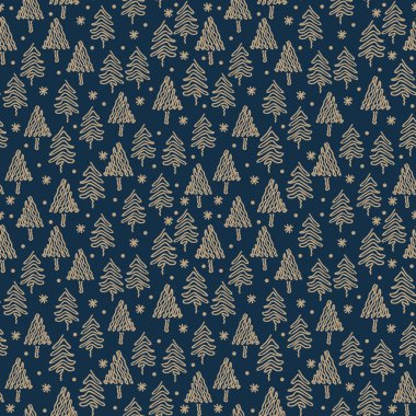 Doodle elle çizilmiş orman mavi zemin üzerine çiçek ile kış ağaç seamless modeli. Vintage vektör çizim moda tekstil baskı için hazır.