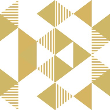 Altın renkli geometrik üçgen Dikişsiz desen vektör. Sarı altın lüks memphis 90'lı yılların arka plan vektör çizim.