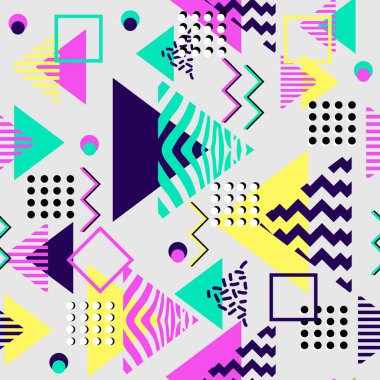 geometrik soyut renkli desen. Sorunsuz memphis 60s, 80, 90'lı yılların renkli üçgen vektör çizim tarzı. Arka plan duvar kağıdı ve moda tekstil baskı için hazır için iyi.