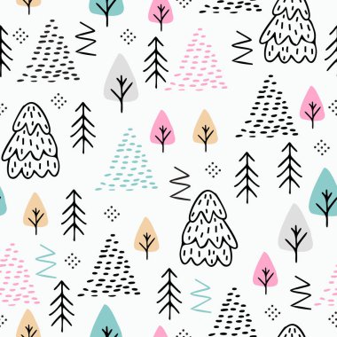 İskandinav Noel desen sorunsuz elle çizilmiş orman temalı kış sezonu. Çizim trendy Gençlik ve genç için renkli çocukça. Vektör çizim duvar kağıdı ve moda yazdırma için hazır.