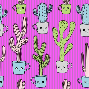Moda tekstil baskı için renkli arka plan ile kaktüs el çekilmiş Dikişsiz desen vektör