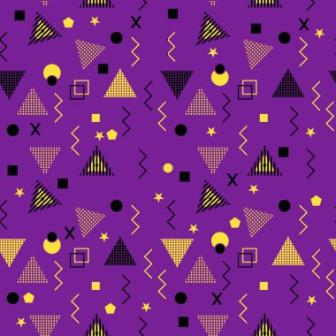 Memphis renkli üçgen desen 90s tasarım vektör sorunsuz arka plan çok renkli. Arka plan illüstrasyon vintage tarzı