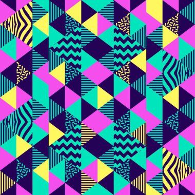 Trendy renkli üçgen geometrik memphis çok renkli Dikişsiz desen vektör çizim 90'lı yılların tarzı arka plan moda tekstil baskı ve sarma için.