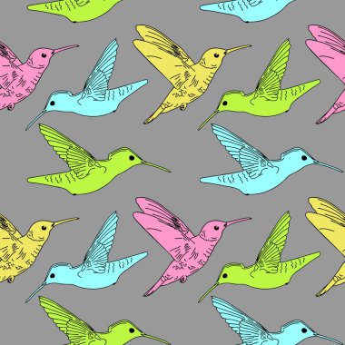 Sinek kuşu renkli el çekilmiş seamless modeli. Uçan kuş Tekstil, yazdırma arka plan vektör çizim ve paketleme için.