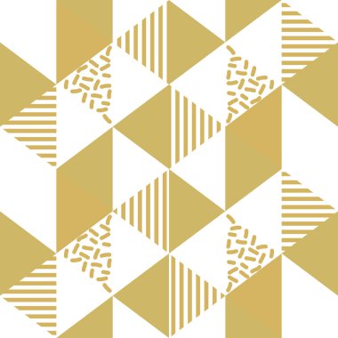 Altın renkli geometrik üçgen Dikişsiz desen vektör. Sarı altın lüks memphis 90'lı yılların arka plan vektör çizim.