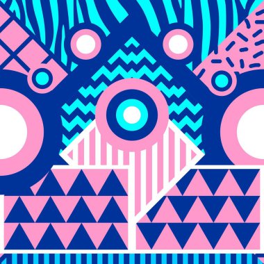 Vintage retro geometrik desen arka plan ile 90'lı yılların memphis abstract tema. Pembe mavi renkli renkli benzersiz şekiller illüstrasyon vektör