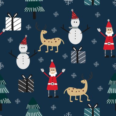 Komik Noel desen sorunsuz kardan adam, Ren geyiği ve santa karikatür renkli arka plan çizim ile.