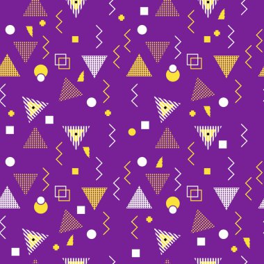 Memphis renkli üçgen desen 90s tasarım vektör sorunsuz arka plan çok renkli. Arka plan illüstrasyon vintage tarzı