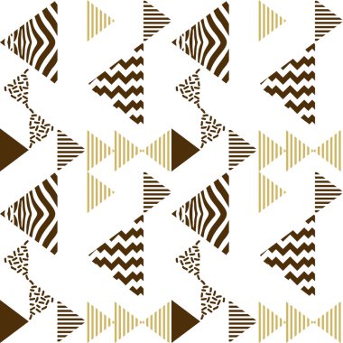 Altın renkli geometrik üçgen Dikişsiz desen vektör. Sarı altın lüks memphis 90'lı yılların arka plan vektör çizim.