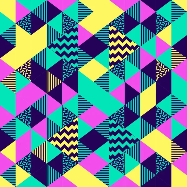Trendy Renkli Üçgen Geometrik Memphis Çok Renkli Dikişsiz Desen Vektör — Stok Vektör