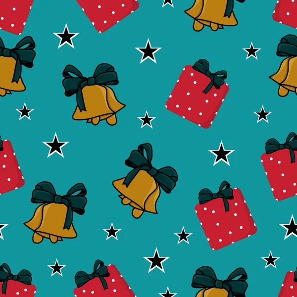 Bunte Weihnachten Nahtlose Muster Vektor Illustration Mit Glocke Und Geschenk — Stockvektor