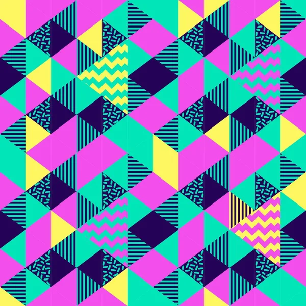 トレンディなカラフルな三角形幾何学的抽象メンフィス多色のシームレスなパターン ベクトル図 年代スタイルの背景 ファッション織物印刷および包装 — ストックベクタ
