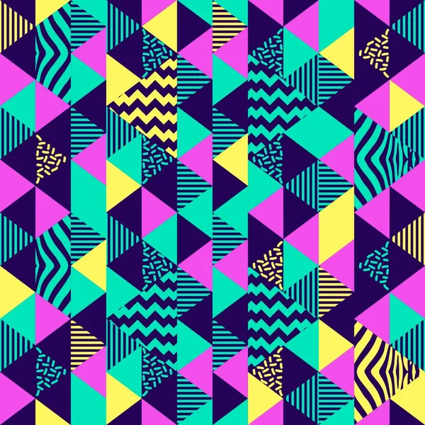 シームレス パターン三角形幾何学的なトレンディなカラフルな青黄色とピンク ビンテージ メンフィス概要 年代スタイル ベクトル イラスト — ストックベクタ