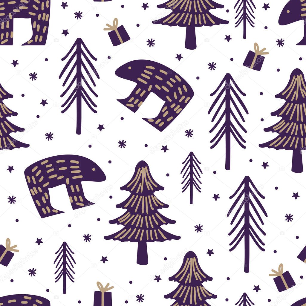 Childish drawing seamless pattern with polar beer and forest tree for winter season holiday. Good for christmas fashion textile print and wallpaper background vector illustration.