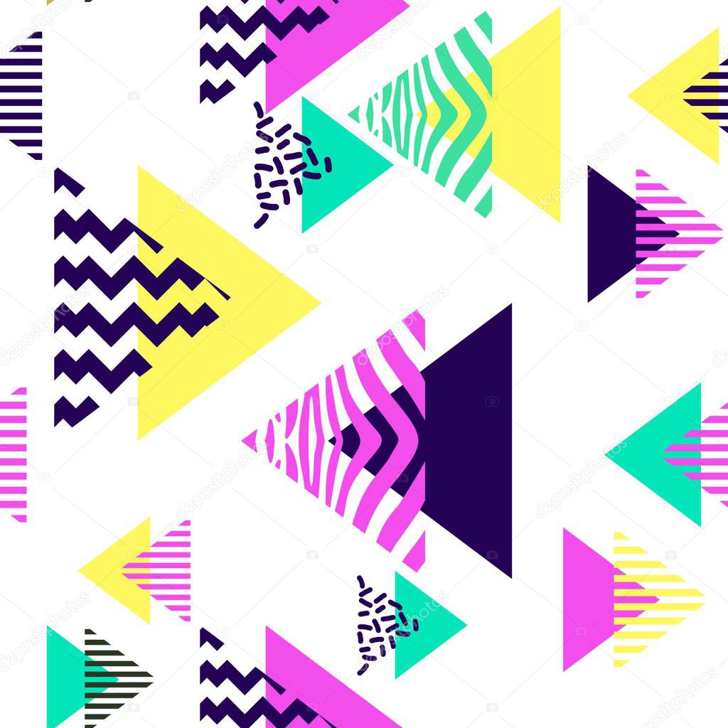 geometric abstract colorful pattern. Seamless memphis 60s, 80, 90s style colorful triangle vector illustration. Good for background wallpaper and fashion textile ready for print.