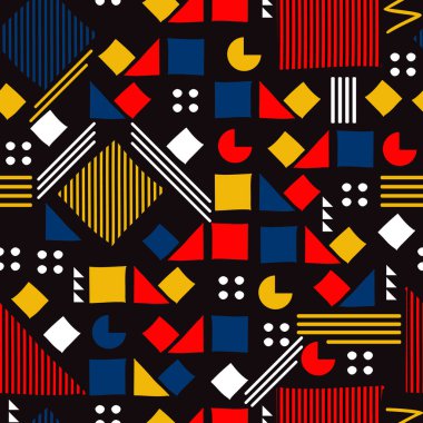 Memphis geometrik renkli Dikişsiz desen üçgen, dikdörtgen, çizgileri ve daire şekiller. Moda Tekstil için hazır için vektör çizim yazdırma.