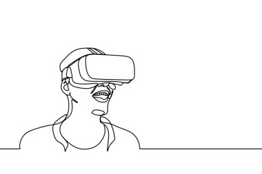 Bir çizgi çizme Vr veya sanal gerçeklik Gadget'ı oynayan adam. Teknoloji geleceğin tema vektör çizim.