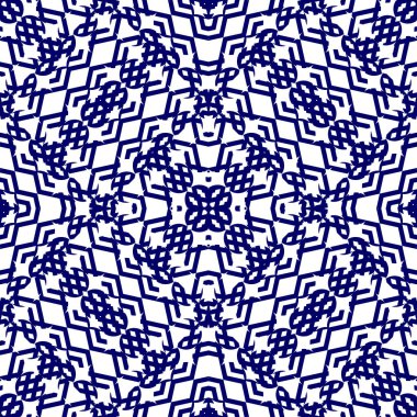 Soyut kafes geometrik Dikişsiz desen vektör çizim arka plan. Mavi ve beyaz renkler moda tekstil baskı ve wall art deco için şeritli satırları.