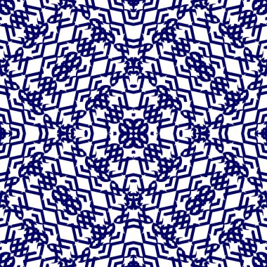 Soyut kafes geometrik Dikişsiz desen vektör çizim arka plan. Mavi ve beyaz renkler moda tekstil baskı ve wall art deco için şeritli satırları.