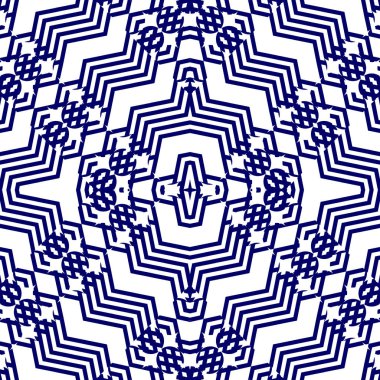 Soyut kafes geometrik Dikişsiz desen vektör çizim arka plan. Mavi ve beyaz renkler moda tekstil baskı ve wall art deco için şeritli satırları.