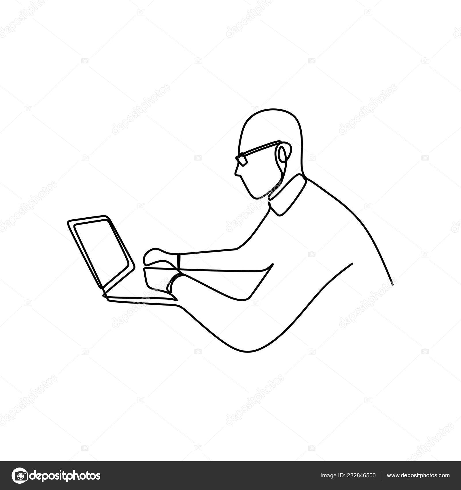 One Line Drawing Vector Man Working Something His Laptop Seriously Stock Vector C Ngupakarti 232846500