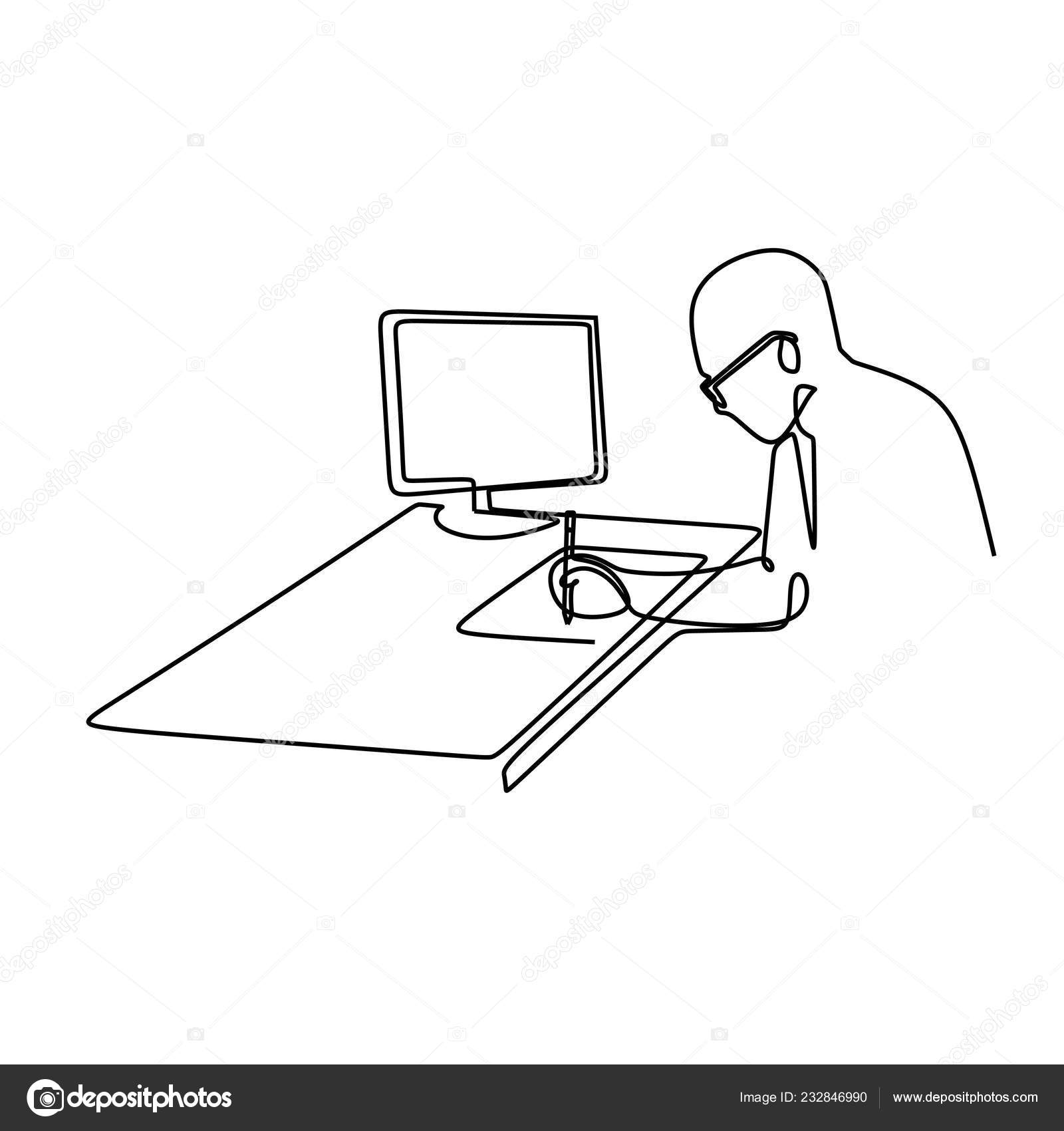 One Line Drawing Vector Man Working Something His Notebook