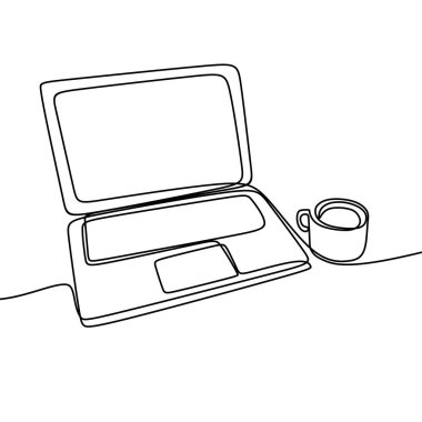 Dizüstü bilgisayar ve bir sürekli tek çizgi sanat resim ile kahve vektör. Minimalist lineart beyaz arka plan üzerinde izole.