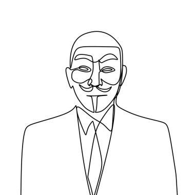 Anonim yüz karakter bir çizim için. Portre kadar yakın bir hacker beyaz arka plan üzerinde izole tek sürekli lineart ile.