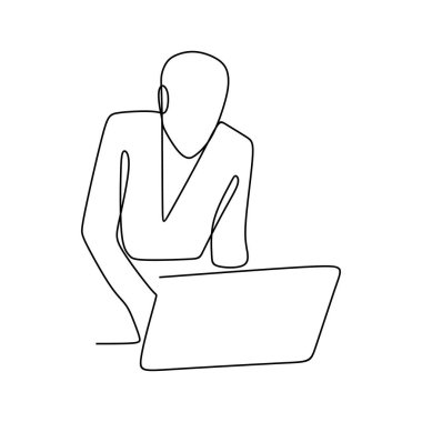 bir çizim vektör onun dizüstü bilgisayar, bir işçi onay.