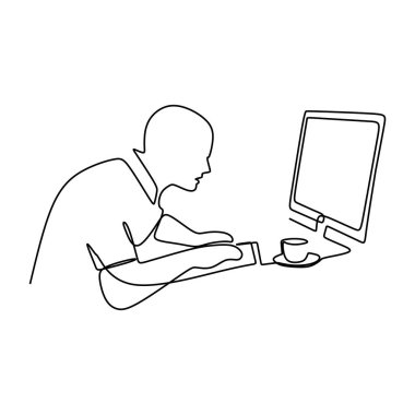 bir fincan kahve ile bir çizim vektör laptop ciddi bir kişi çalışma. Yaratıcı tasarım.
