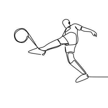 bir futbol oyuncu vektör çizim ile minimalist tarzı çizim sürekli bir satır. Bir adam tekme beyaz arka plan üzerinde izole bir top.